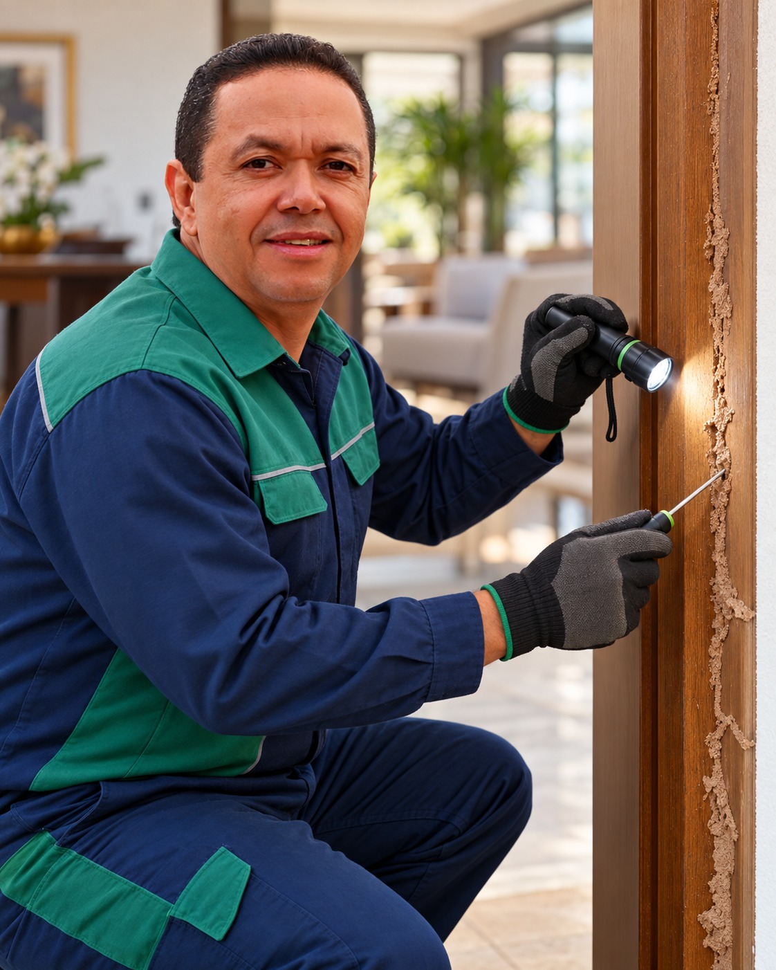Técnico da Extinset inspecionando com lanterna as galerias de cupim em um batente de madeira